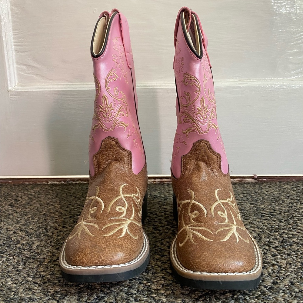 Old West Kids Pink and Brown Embroidered Boots